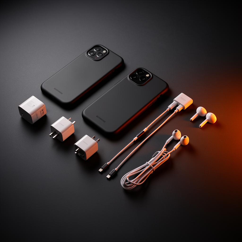 Smartphone cases, chargers and earphones on a dark surface