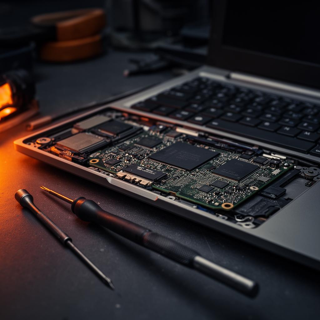 Open laptop being serviced on a workbench